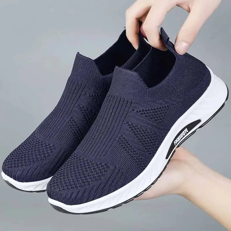 Zapatos de punto transpirables para hombre, zapatillas ligeras con suela acolchada, punta redonda, zapatillas para caminar al aire libre para personas mayores