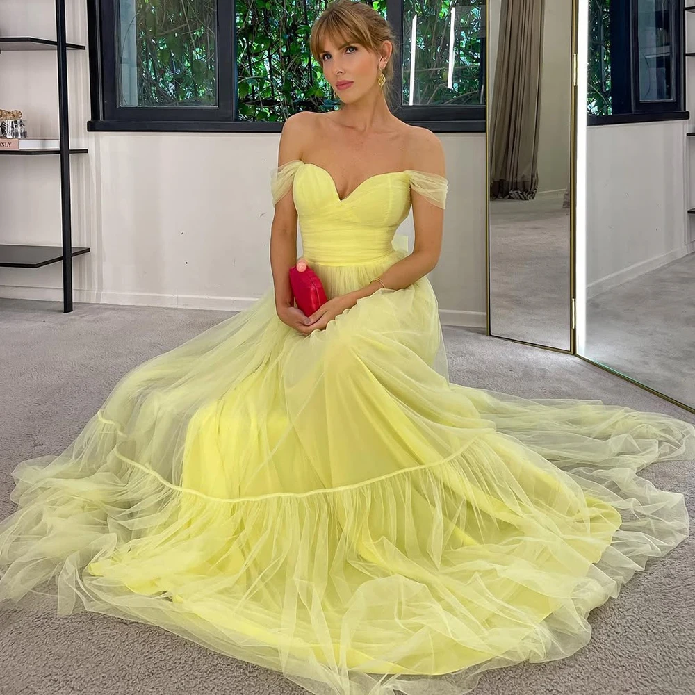 

Bowith Women Yellow Prom Dresses Customized Off the Shoudler Soft Tulle Evening Dresses Party Dresses A-Line Banquet Gown