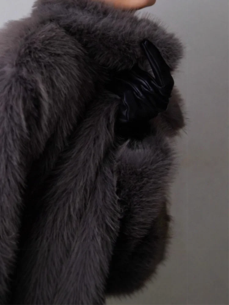 

Elegant Gray Lapel Fur Coat Women Loose Long Sleeve Fluffy Warm Streetwears 2025 Autumn Winter New Lady Luxury Solid Outerwears