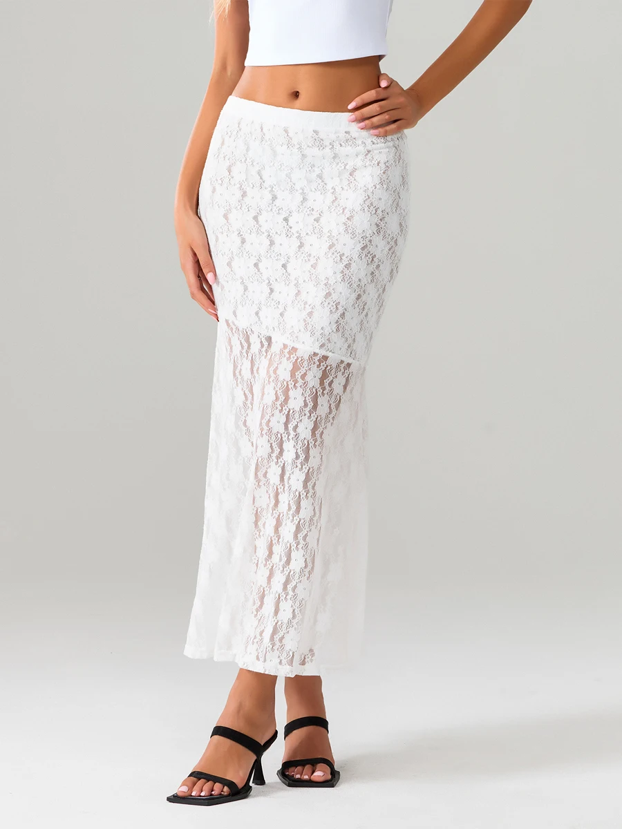 wsevypo Fairycore White Lace Floral Sheer Fishtail Skirts Summer Women\'s Low Rise Elastic Band Wrap Long Skirt for Streetwear