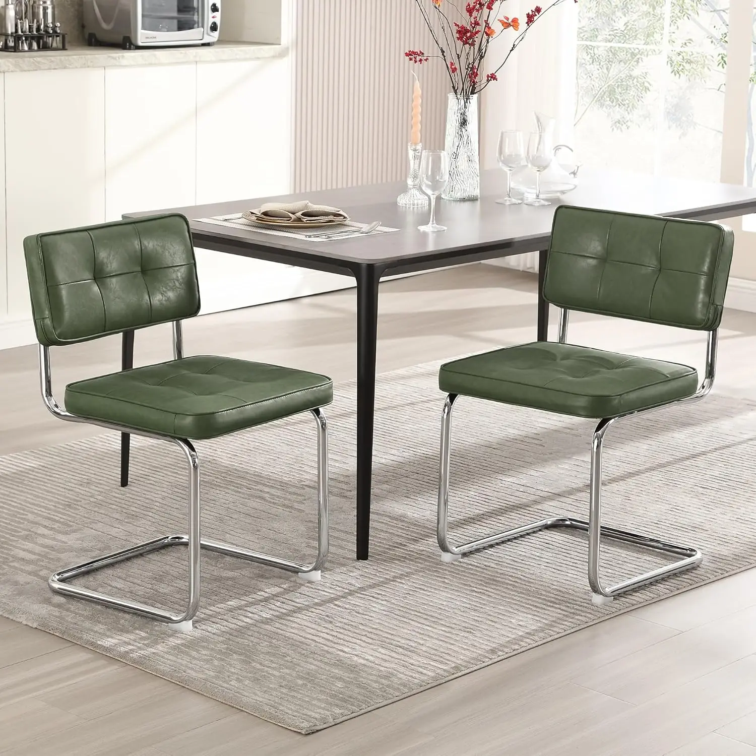 Green Faux Leather Dining Chairs with Stainless Chrome Legs for Kitchen & Dining Living Room, Mid Century Modern Design