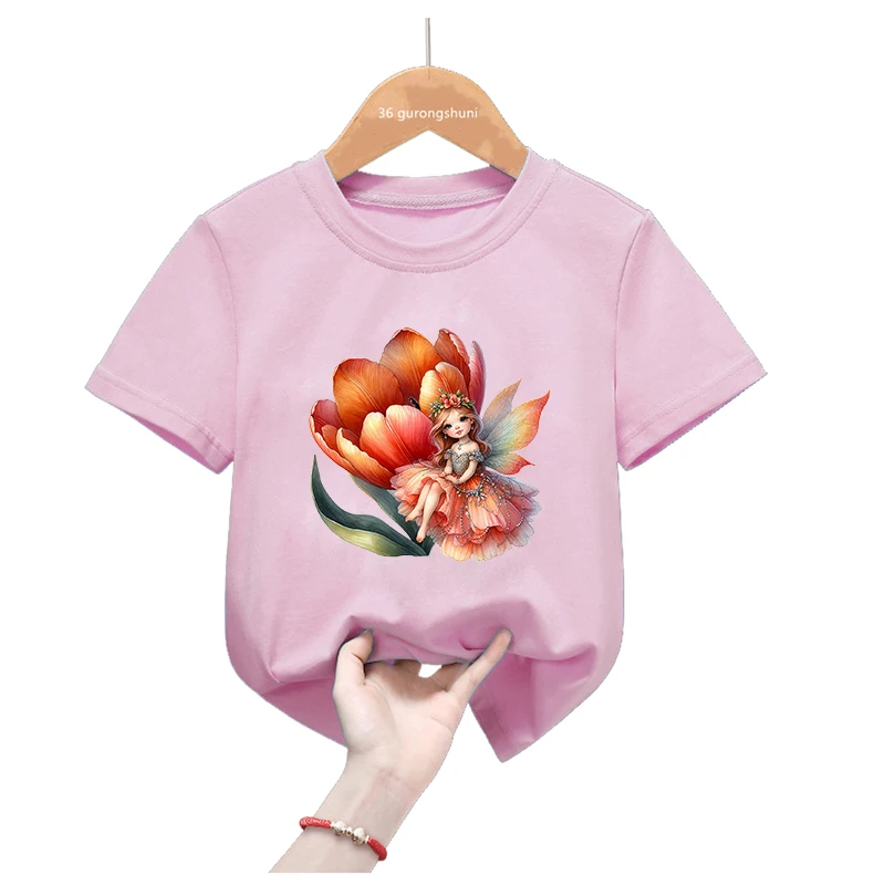 

Lovely Floral Fairy Printed Pink Tshirt Girls Kawaii Kids Clothes Summer Fashion Short Sleeve T-Shirt Harajuku Shirt