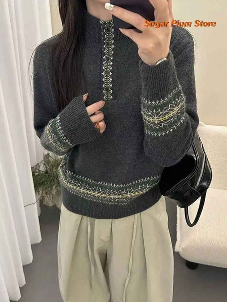 French retro jacquard semi-open neck sweater women's autumn and winter new grey thick warm long-sleeved casual bottoming shirt
