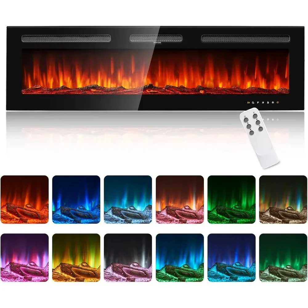 

Electric Fireplace, 60 inch Wide Recessed and Wall Mounted Electric Fireplace, 750W/1500W, 12 Color Flame, Remote Control