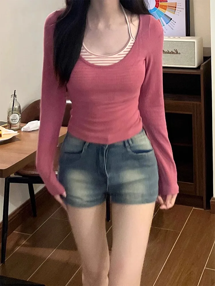 

Женские комплекты из двух предметов с длинным рукавом, корейские шикарные пикантные девушки, полосатые дизайнерские свободные уютные уличные привлекательные повседневные комплекты для снижения возраста