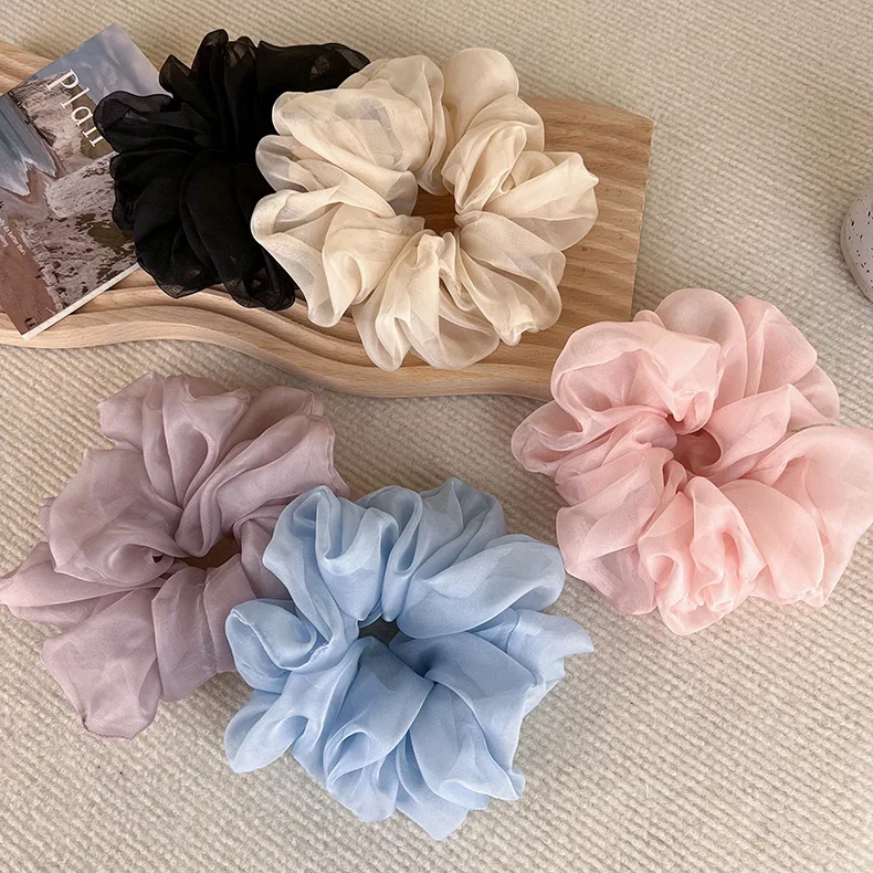 Fashion Oversized Soft Organza Scrunchies Women Solid Color Big Elastic Hair Ropes Spring Fairy Hair Tie Sweet Ponytail Headband