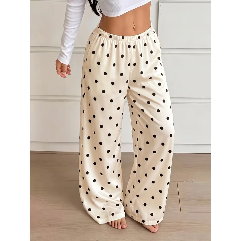 Women'S Bottoms Single Piece, Polka Dot Print, Wide-Leg Trousers, Elastic Waist, Loose Flowing Home Pants