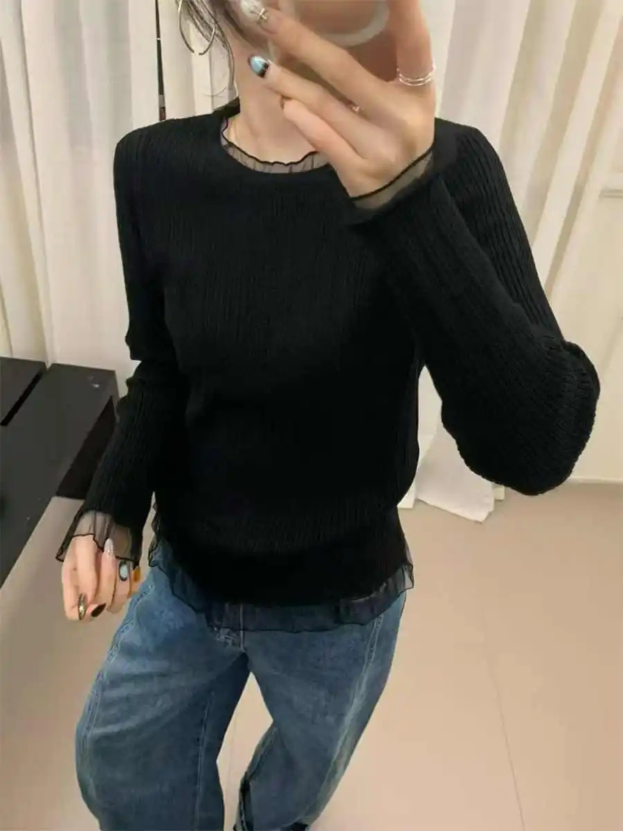 Sweaters New Long Sleeve Knitted Sweater Women Pullovers Slim O-Neck Lace Knit Sweater Pullover Women Tops Sueter Feminino Q2132