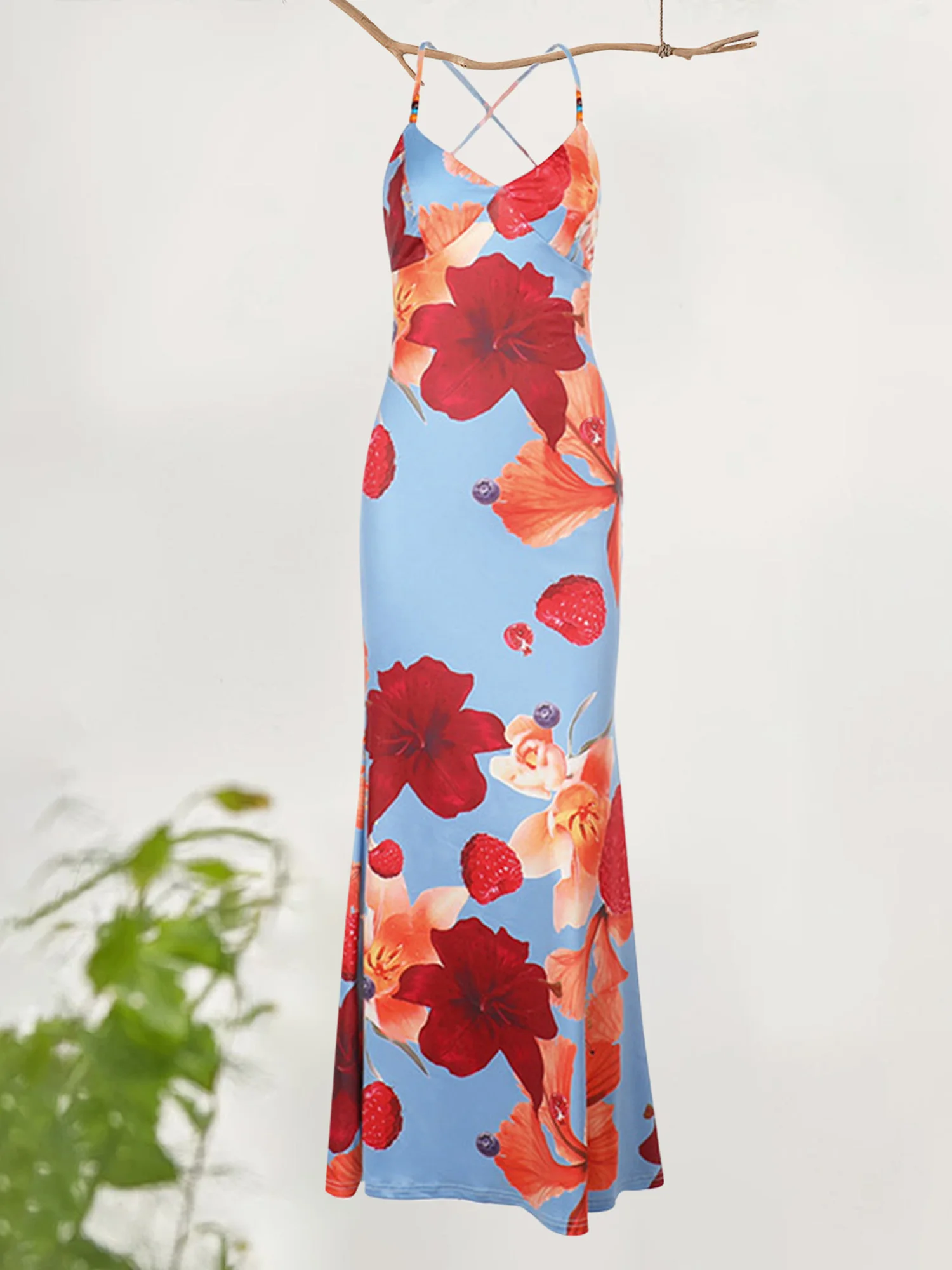 Abito da donna elegante senza maniche con stampa floreale con scollo a V e spalline sottili e dettagli incrociati sul retro per una vestibilità