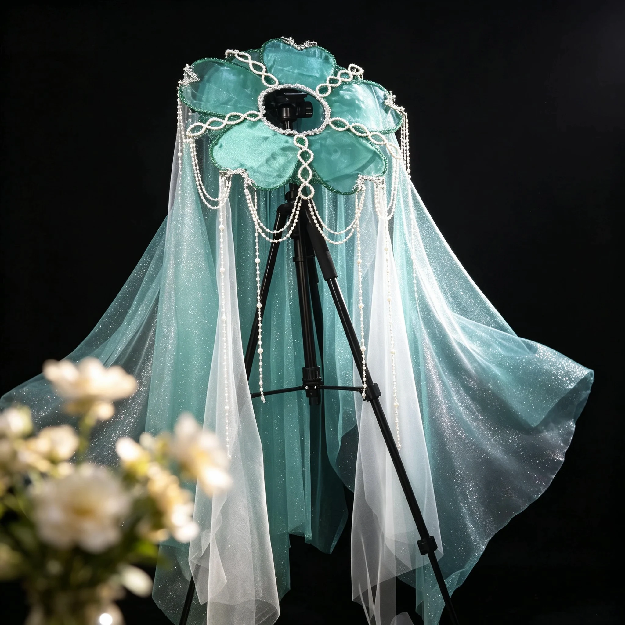 Tang style petal veil hat for women, light dark green shimmering tulle with pearl tassels Hanfu photo prop face-covering hat