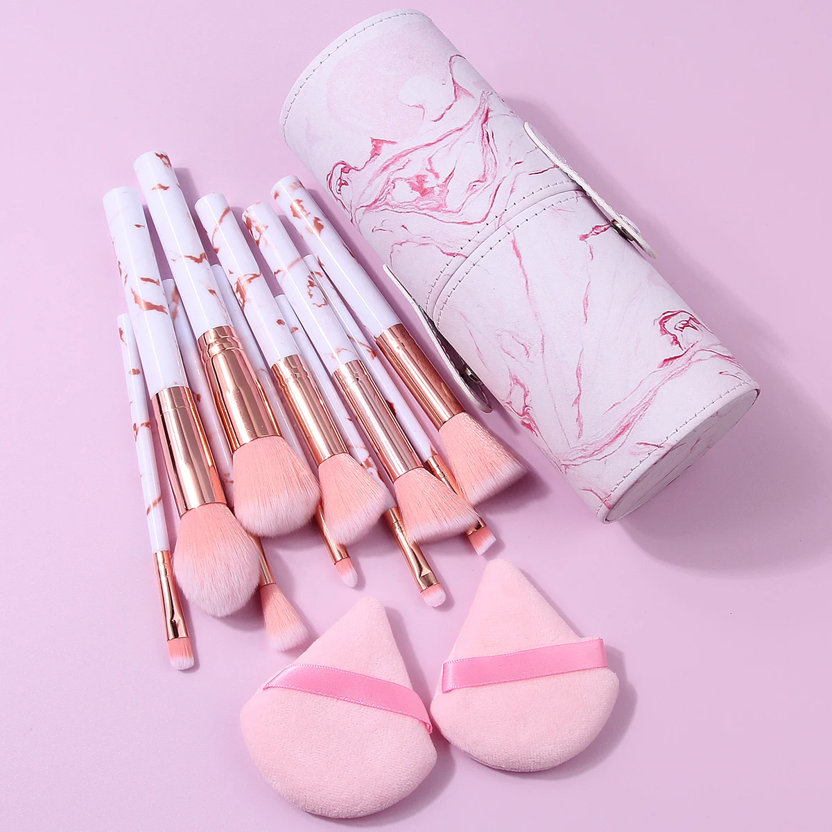 13PCS 핑크 메이크업 브러쉬 세트 - 대리석 무늬 브러쉬 10개, 삼각형 파우더 퍼프 2개, PU 가죽 보관통 포함