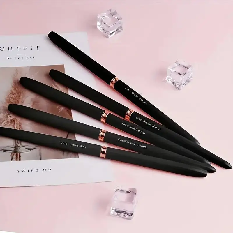 5 Black Nail Art Brushes Set, Detail Striping Brush, Fine Line Pen, Floral Painting, Uv Gel Nail Polish Painting, Nail Art Tools, Sizes 4/8/12/20/25mm
