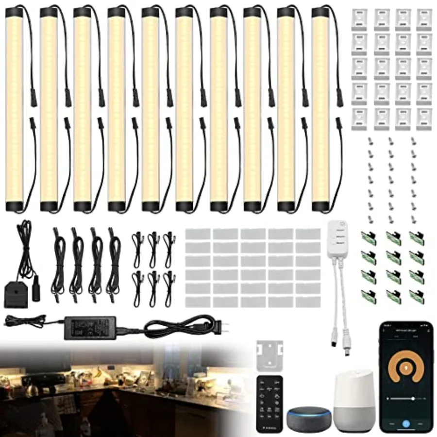 Under Cabinet Lights Kit, LED Smart Dimmable Strip Lighting Fixtures, 24V Plug in Linkable Bar LED Counter Lights for Pantry, K