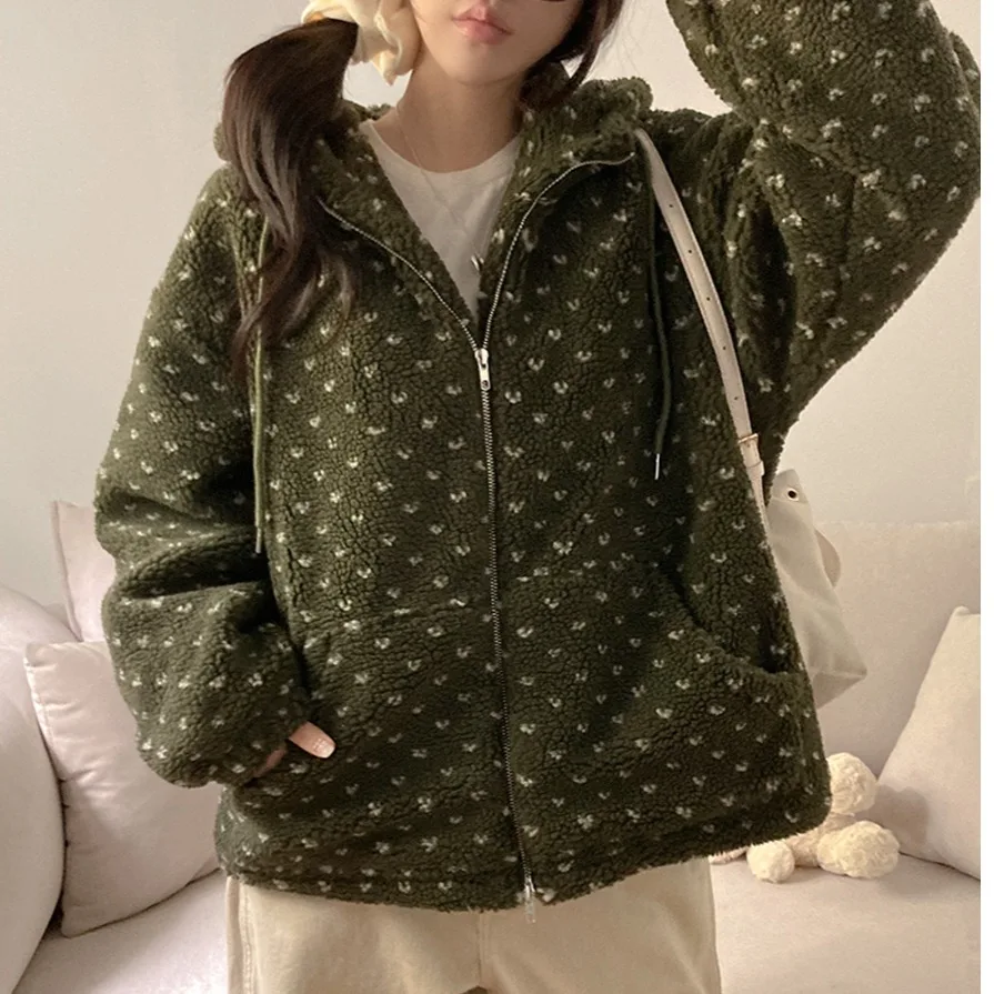 Damska kurtka z kapturem z futra jagnięcego, ocieplana bawełną, jesienno-zimowa, koreańska, ciepła, urocza, przeciwstarzeniowa, długa, codzienna bluza/top.