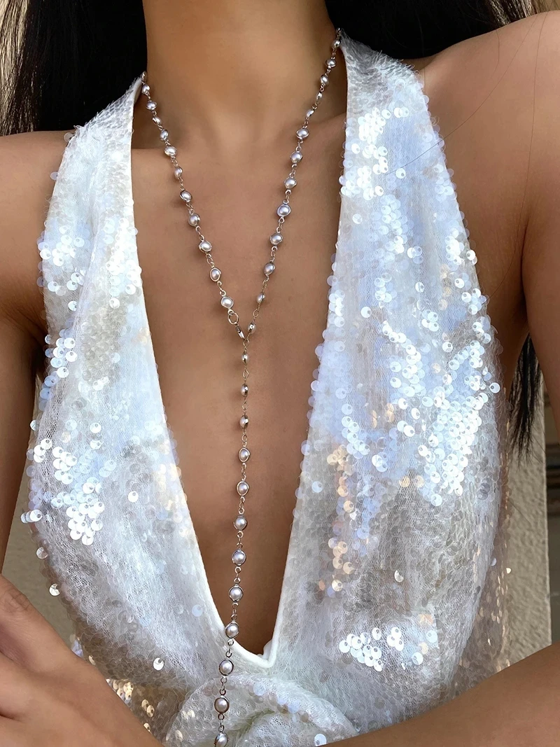 الفرنسية جولة اللؤلؤ سلسلة طويلة شرابة Y قلادة السيدات لطيف سترة سلسلة الاتجاه أنيقة عطلة اكسسوارات Y2K مجوهرات بسيطة