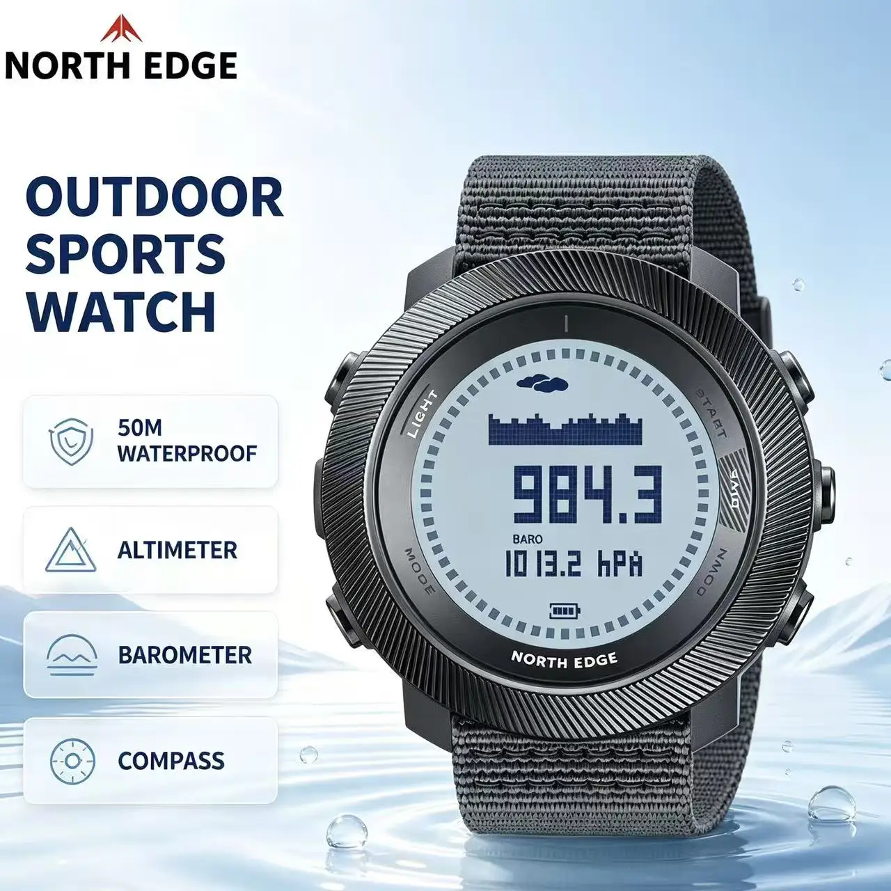 NORTH EDGE APACHE‑D Men Sport Digital Watch 100M Waterproof Altimeter Barometer Compass Swimming Diving Wrist Watch