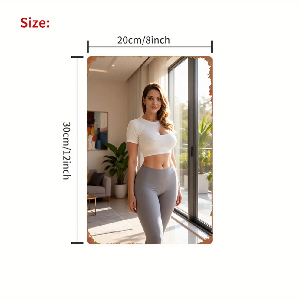 Retro Home Fitness Woman in White Crop Top Metal Tin Sign, Vintage Aluminum Wall Art Decor, High Definition Durable Iron Plate f