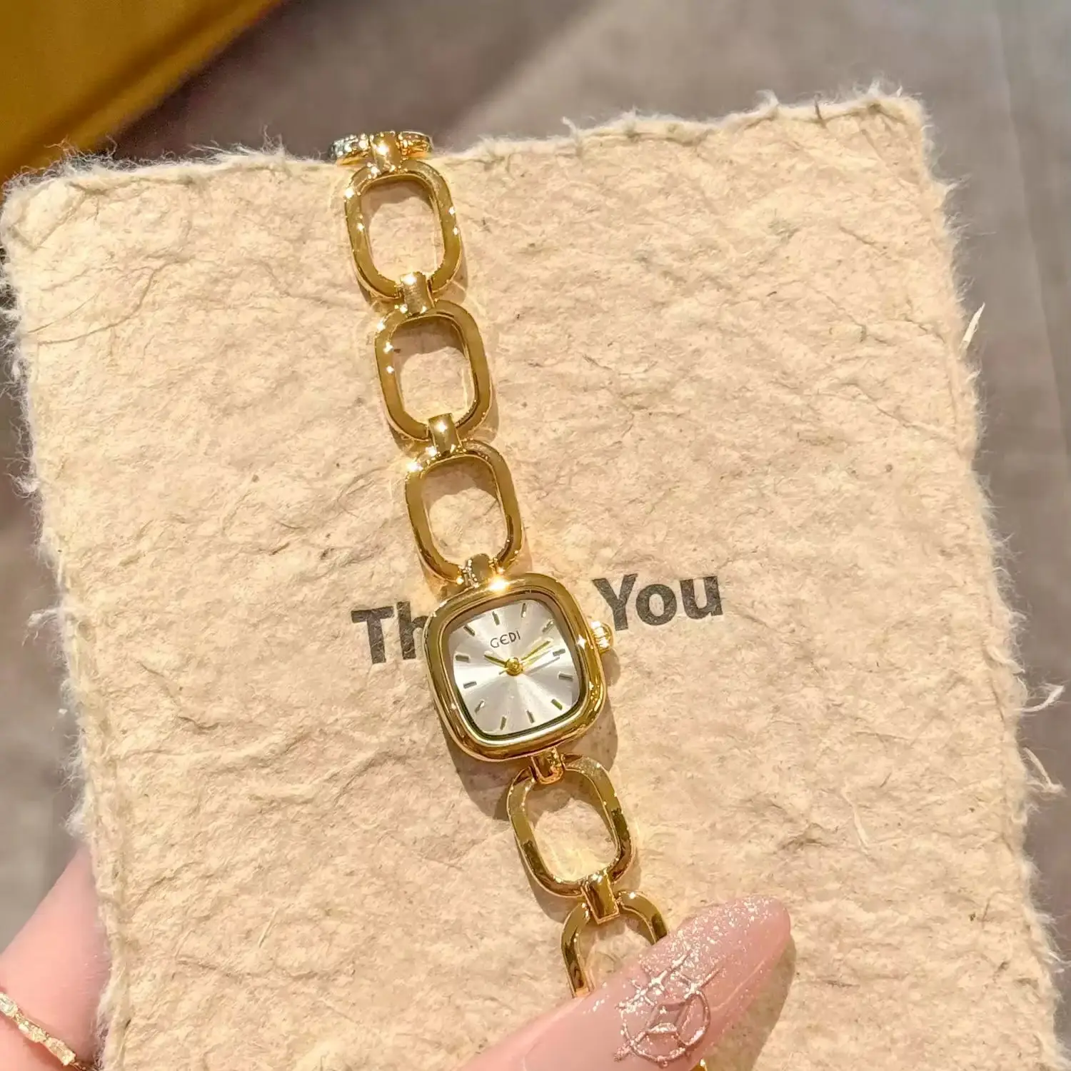 Vintage Square Ladies Quartz Watch, Gold Hollow Chain Bracelet Delicate Wristwatch