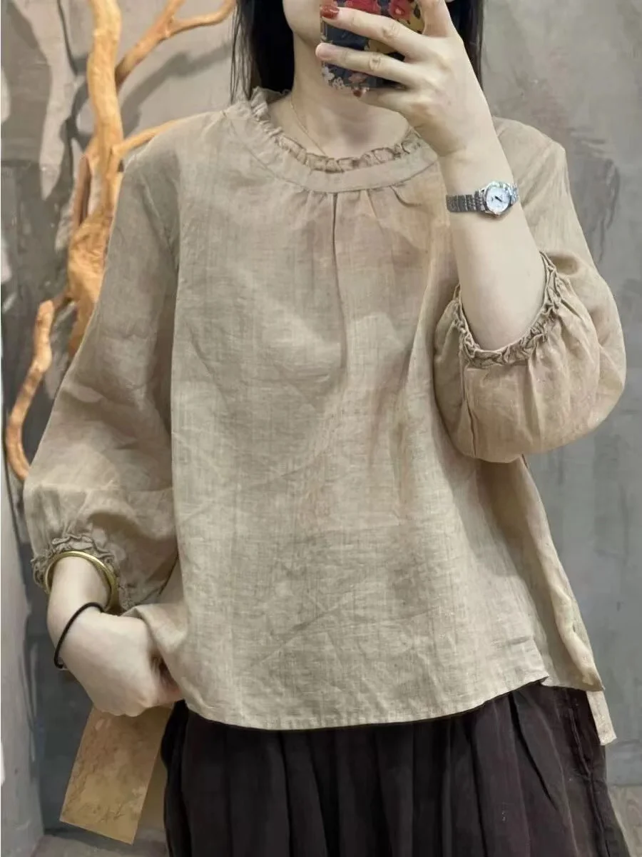 

Loose Cotton Linen irt Women Summer 2024 New Sle Thin Casual Retro Art Doll Collar Linen Top Lantern Sve round Ne