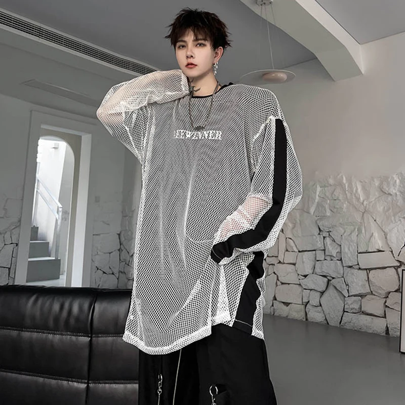 LUZHEN American Trendy Mesh Hollow Out Design Long Sleeve T Shirt Men's 2024 New Fashion High Street Original Design Tops LZ7126