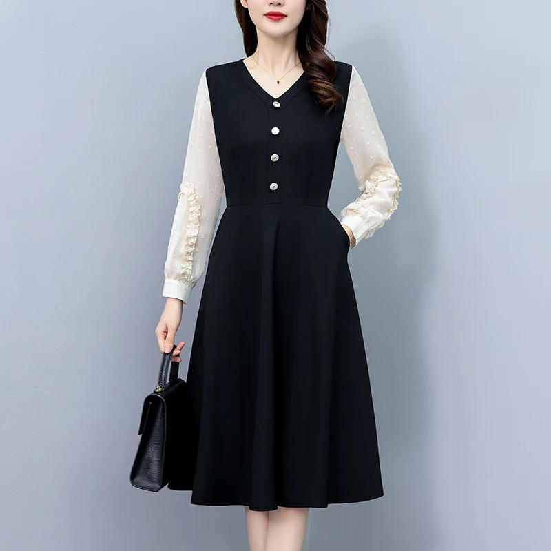 Women Chiffon Dresses Female V Neck Long Sleeve Large Size Elegant Autumn ​Winter Black Knee Length Selvedge Patchwork Vestidos