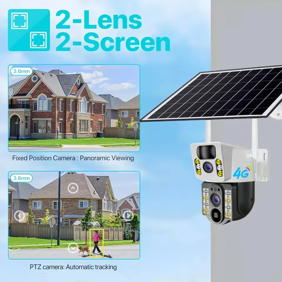8MP 4K Wireless Solar Camera 4G Sim Card Outdoor Dual Lens IP Camera PIR Night Vision V380 Pro CCTV Security Protection Monitor