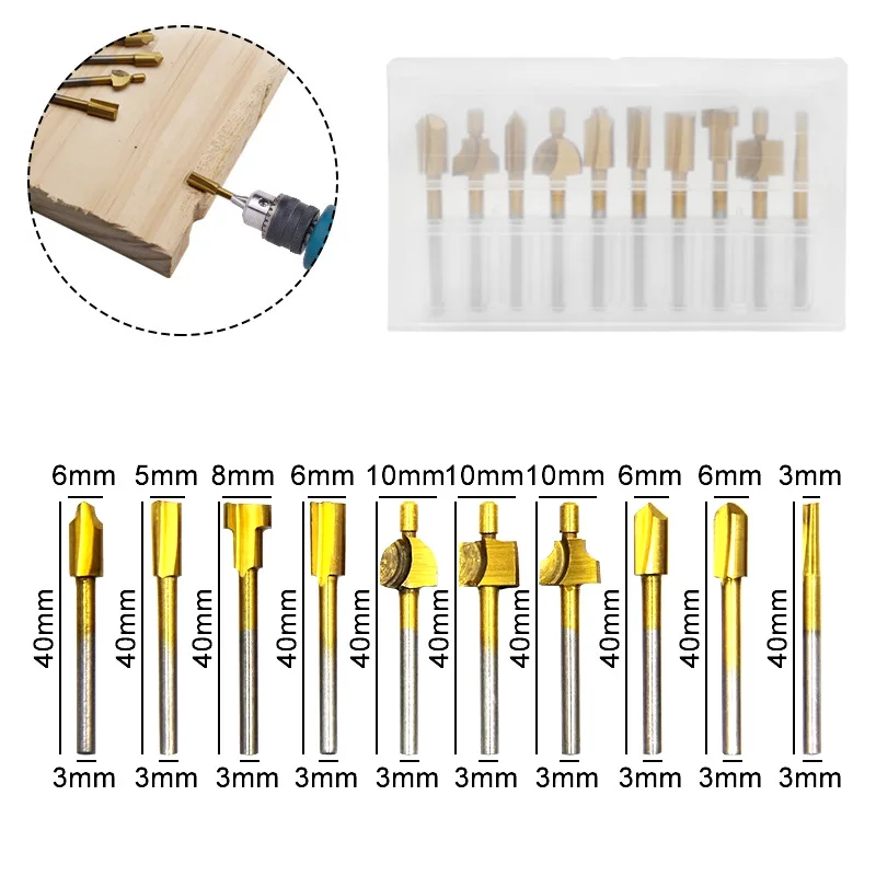 10/20pcs HSS Routing Router Drill Bits Set for Dremel Carbide Rotary Burrs Tools Wood Stone Metal Root Carving Milling Cutter