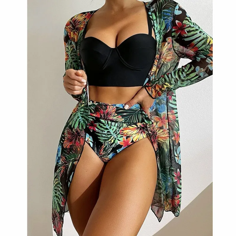 Cikini-Sexy Mesh Bikinis Set for Women, Three-Piece Split Print Swimsuit, Summer Swimwear, Bathing Suit for Female