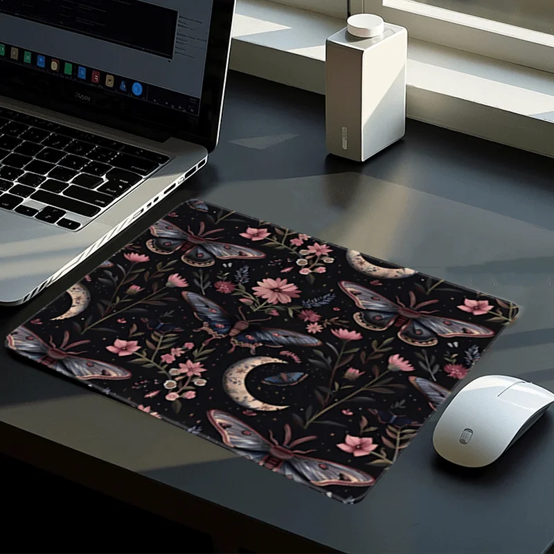 Moth Floral Dark Academia Small Square Mouse Pads Golden Gaming Mouse Pads Office Desk Accessories NonSlip Rubber Mousepad