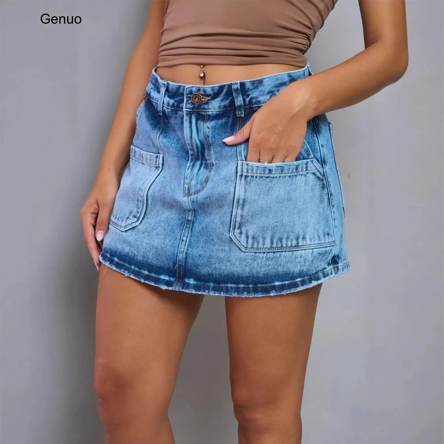 2026 High Waist Cargo Pocket Denim Skort Light Wash Slim Mini Jean Skirt Y2K Ladies Bottoms