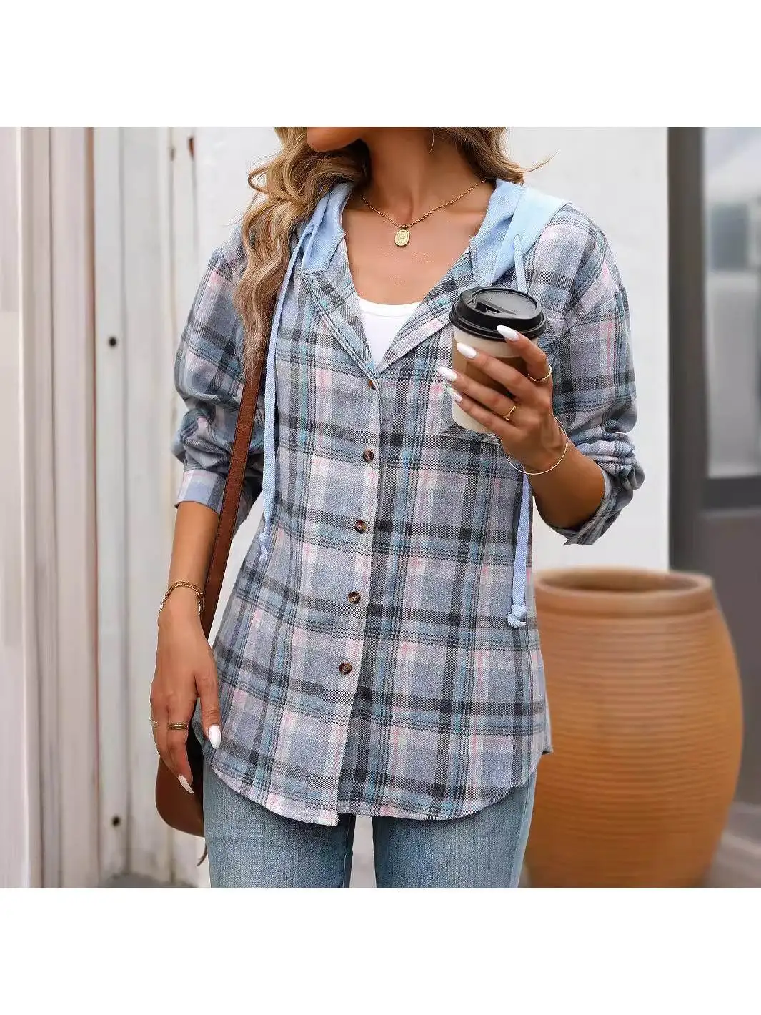 

Sli Plaid Print Hooded Long Sve irt Женские повседневные прямые брюки из полиэстера 00% полиэстер Весенний сезон