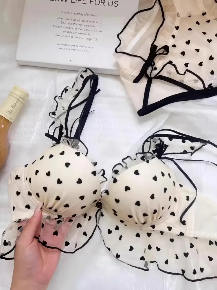 kuclutJapanese Mesh No-wire lace Underwear set Women's small breasts gather sexy pure desire sweet bra cute bra Panty SET TUSHY