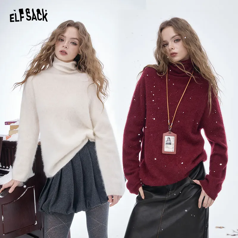 

ELFSACK 2025, зимние новые поступления, повседневный свободный классический свитер с высоким воротом и напуском, однотонный базовый свитер для женщин