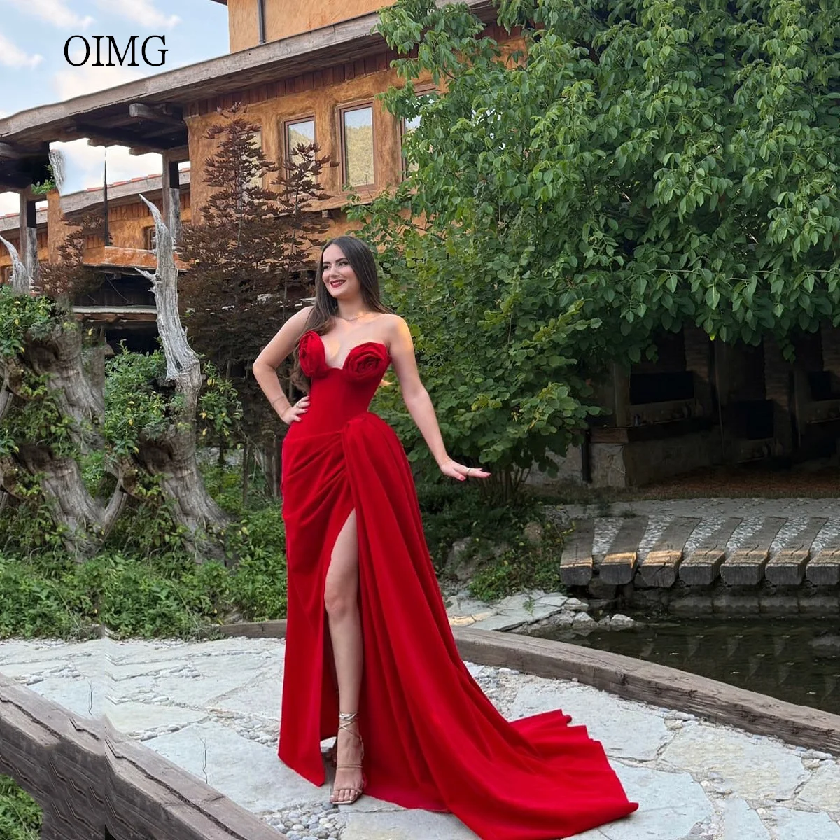 

OIMG Sexy Red Mermaid Formal Prom Gowns Flowers Neck Evening Dress Side Slit With Tail Party Dresses 2025 Customized