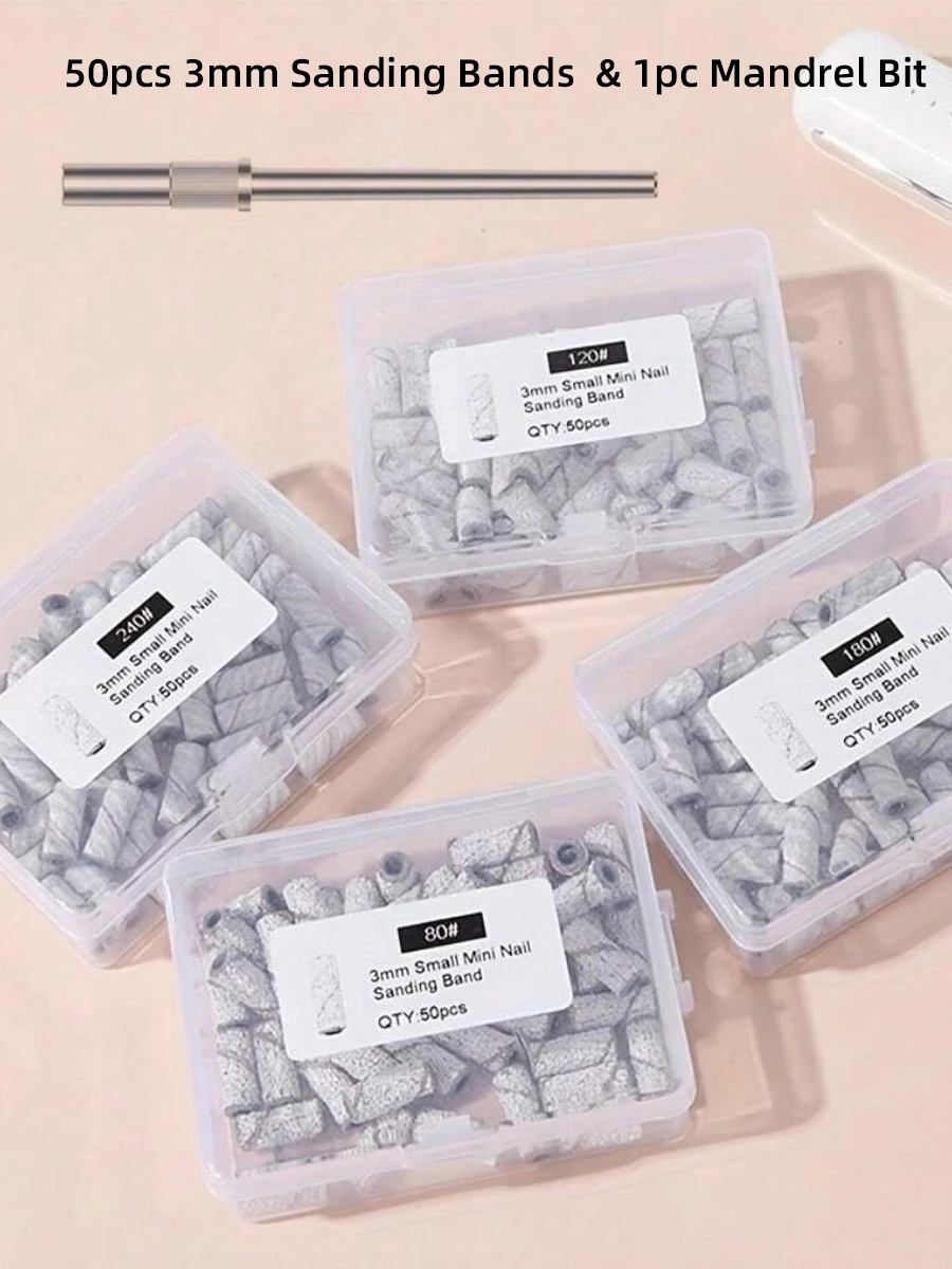 50pcs 180Grit , 240 Grit, 120Grit  Small Sanding Bands for Nail Drill with 1pc 3/32’’ Upgrade Mandrel Bit, Mini Sanding Bands