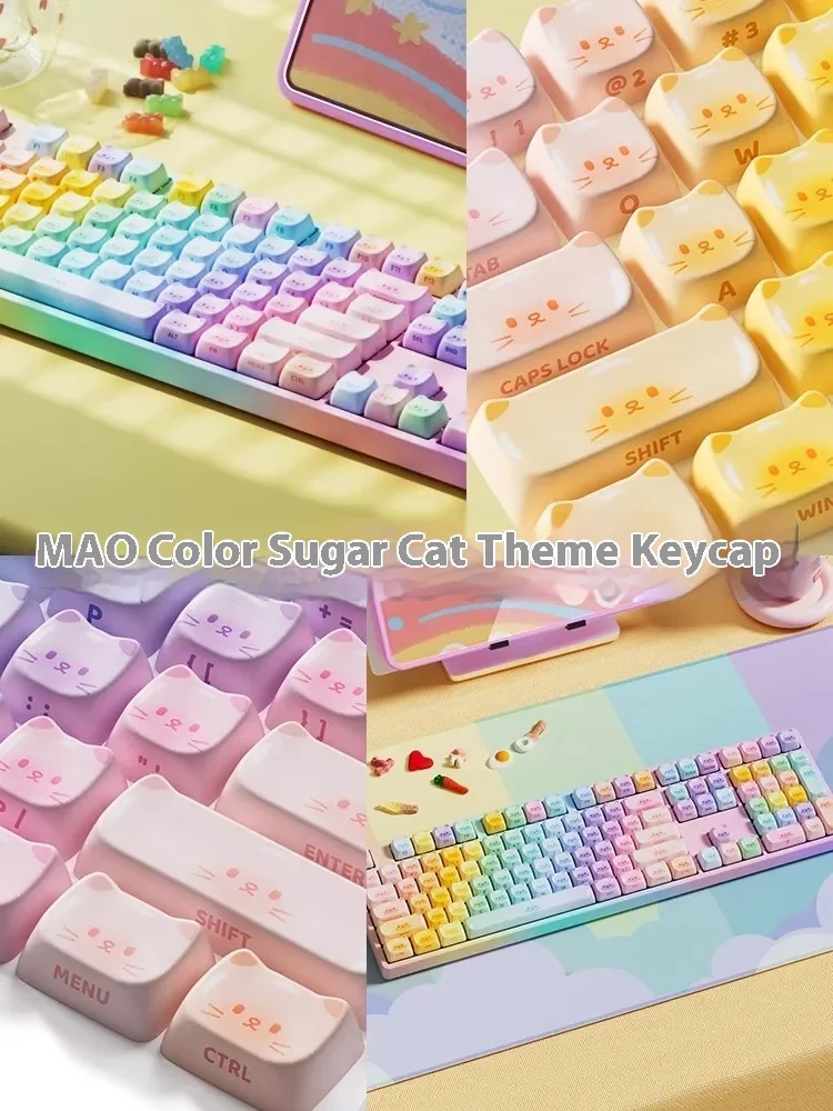 Akko Keycap Rainbow Cat Mao Keycaps, 142 touches, sublimation thermique, mignon, personnalisé pour clavier mécanique, cadeau pour fille, bureau