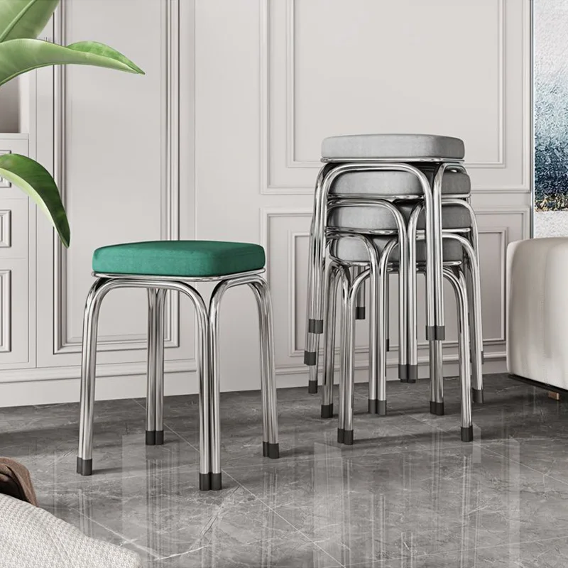Thickened 304 Stainless Steel Stool Household Stackable Dining Table Bench Chair Leather Square Stool For Home Living Room Use