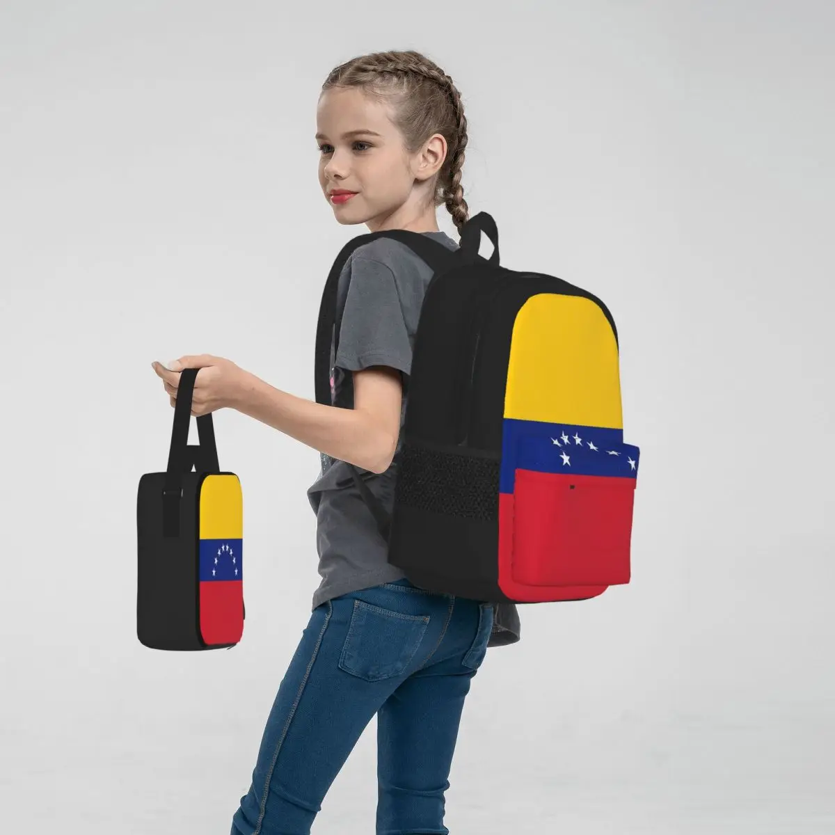 Conjunto de mochila com bandeira da Espanha para estudantes, mochila escolar com design de desenhos animados, lancheira e caneta, conjunto de três peças