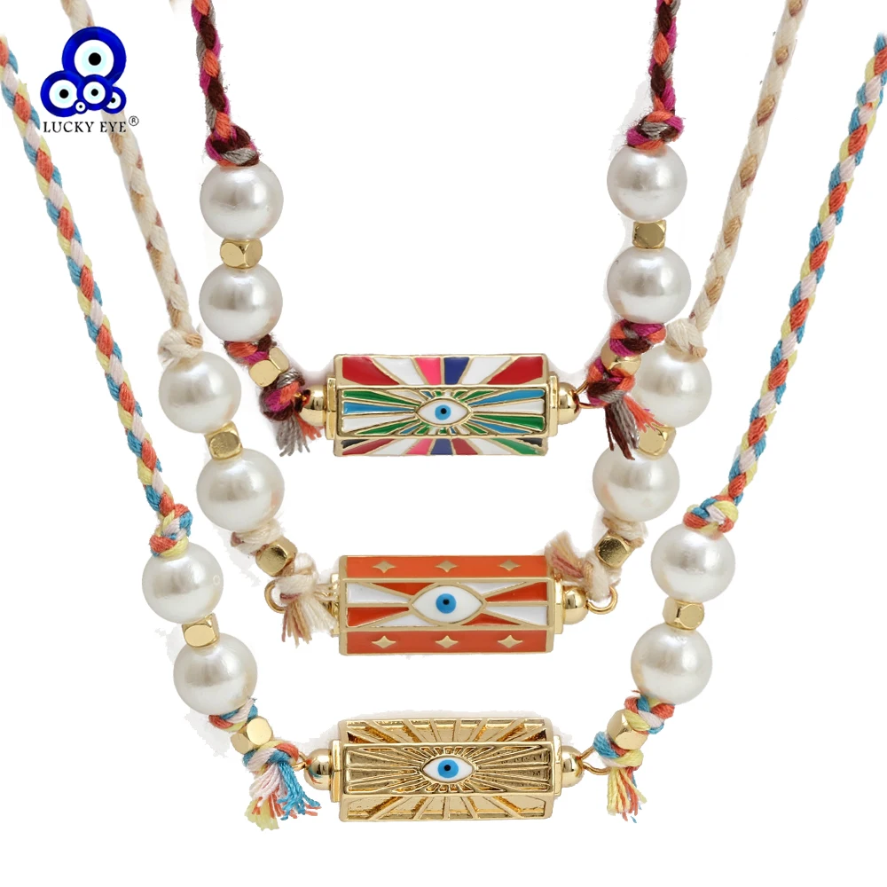 Lucky Eye Imitation Pearl Briaded Rope Necklace Copper Colorful Evil Eye Pendant Necklace for Women Girls Men Jewelry BT598