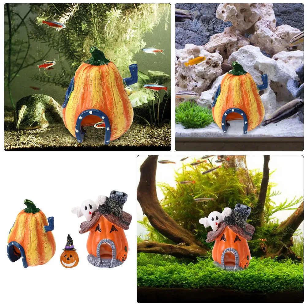 3 قطعة منزل اليقطين حوض السمك زخرفة هالوين خزان الأسماك ديكور دائم الراتنج لا ضرر تصميم اليقطين الديكور #5