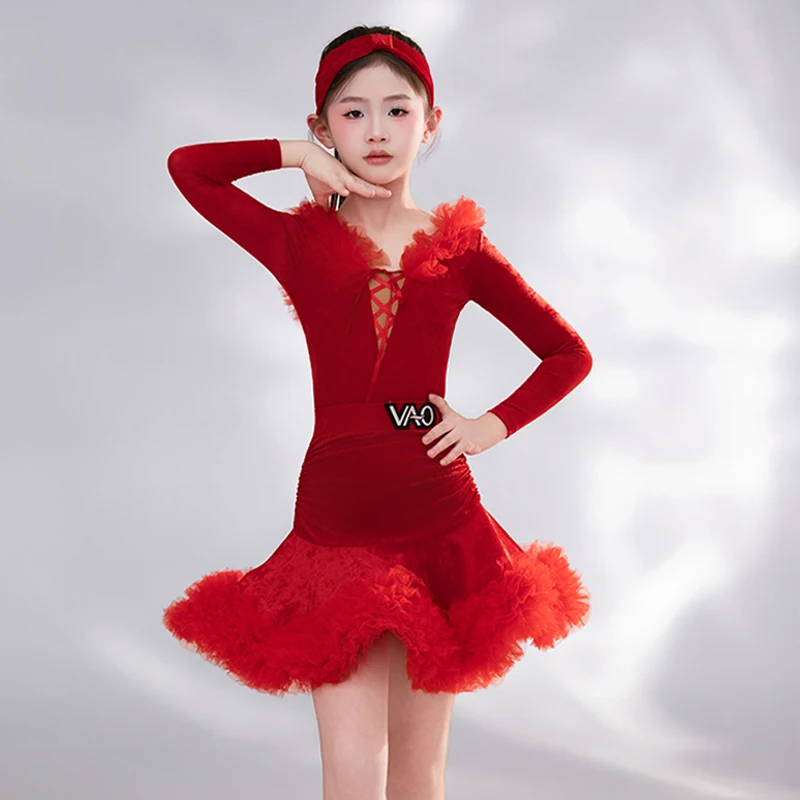 

Новые зимние костюмы для латинских танцев, красный танцевальный костюм для девочек, костюм для выступлений с длинными рукавами, детская одежда для латинского шоу, одежда для оленя AMY3041