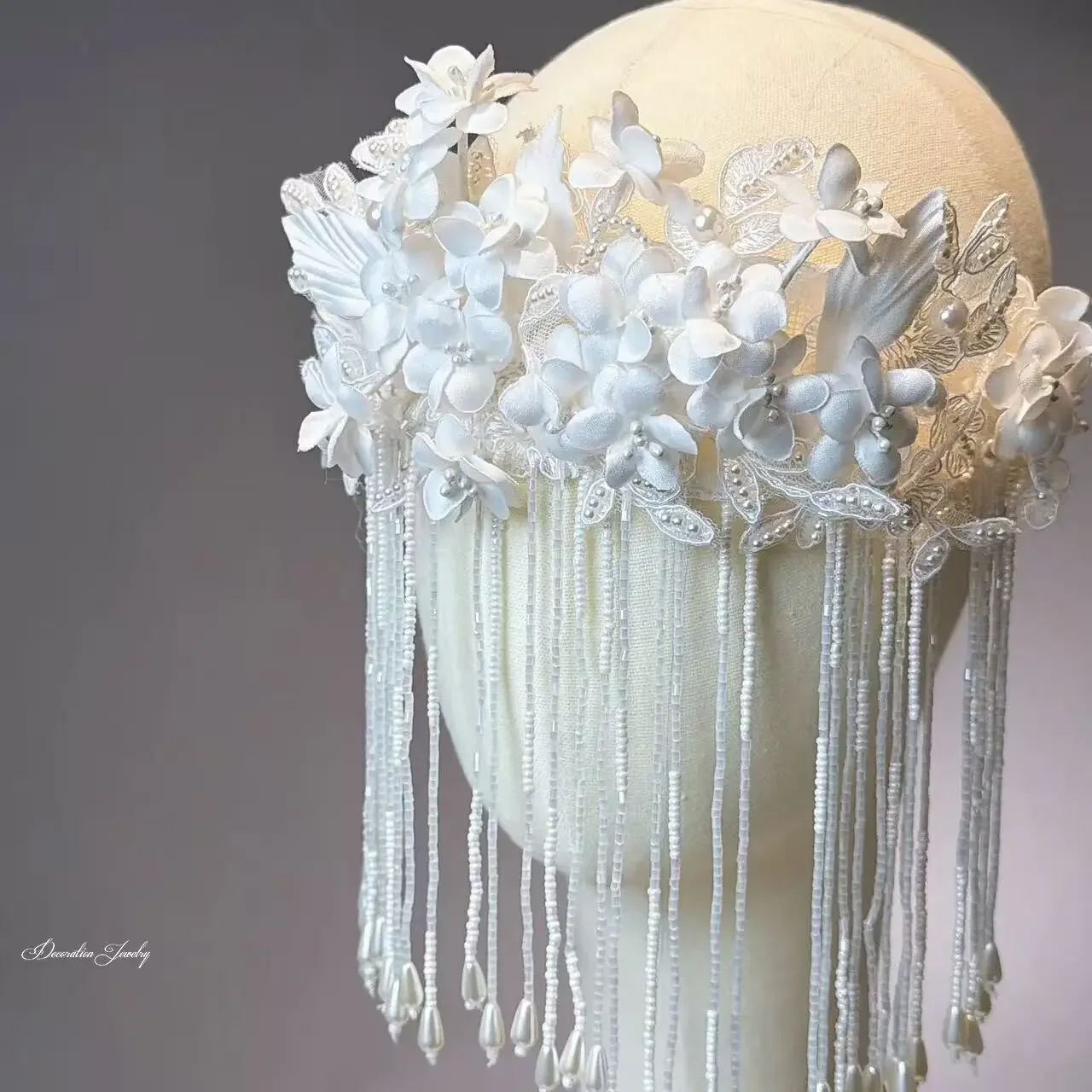 New French Vintage Handmade Lace Beaded Fringe Flower Headdress Bridal Wedding Headdress Atmospheric Shape