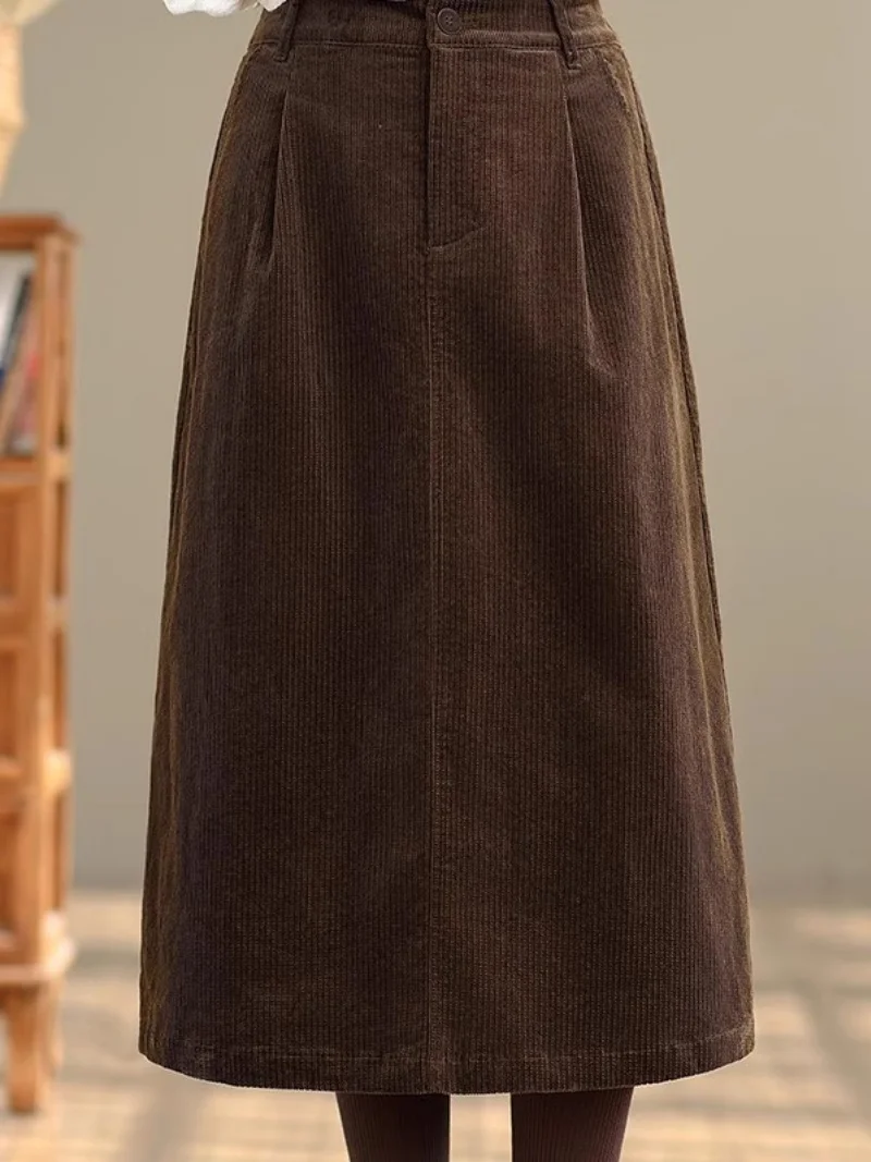 Retro Koffie Gekleurde Corduroy Midi Rok Voor Vrouwen Herfst Winter Hoge Taille Slanke Losse Temperament Veelzijdige A-lijn Rok W1209