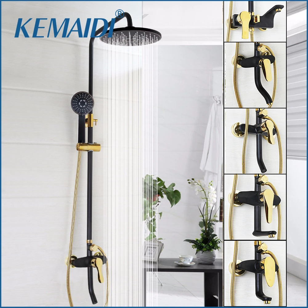 

KEMAIDI Bathroom Black and Gold Shower Set Wall Mounted Rainfall Shower Systerm with Bathtub Mixer Faucets