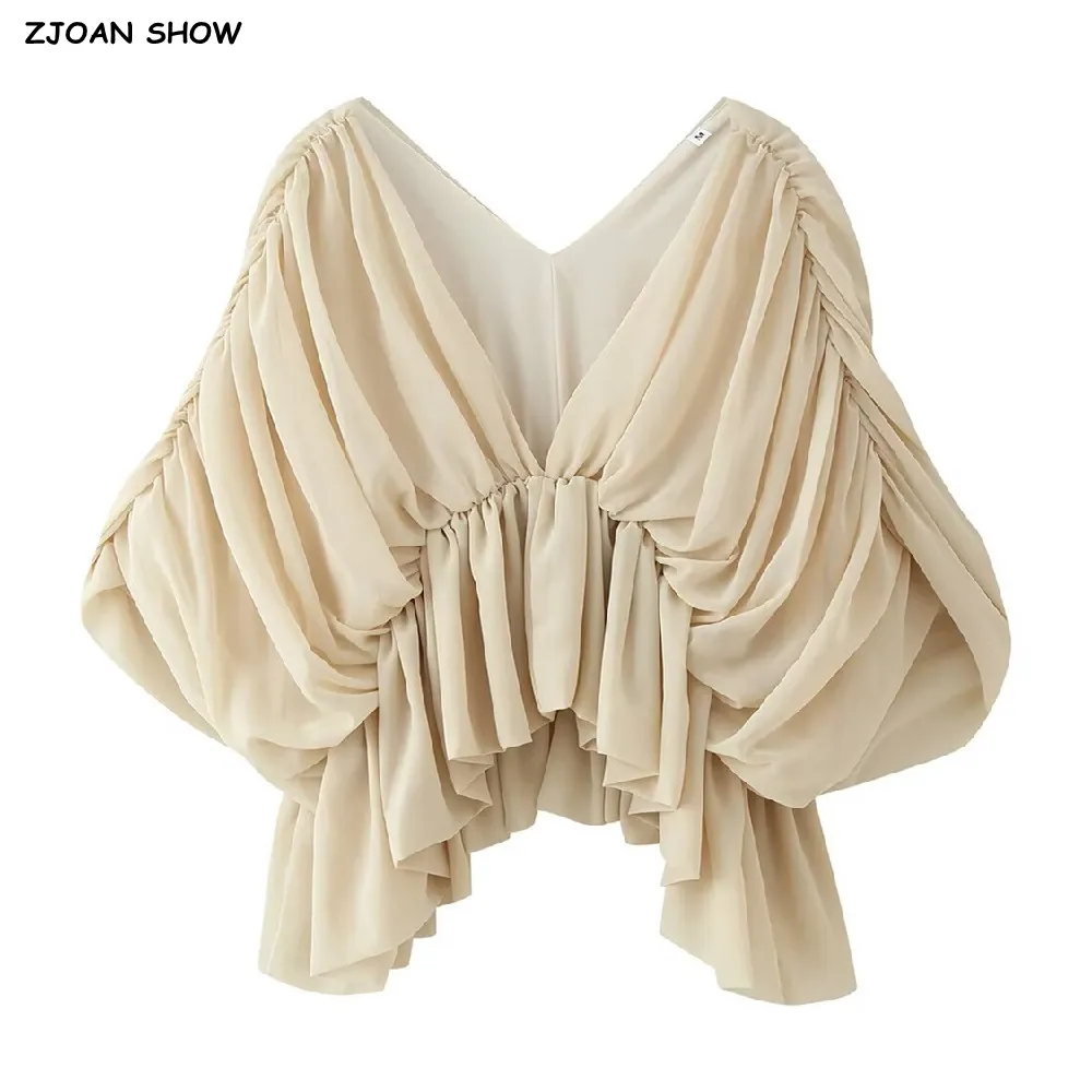 Autumn Women Khaki Deep V neck Bat Sleeve Pullover Shirt V back Slim Elastic Waist Folded Loose Short Asymmetry Blouses Tops