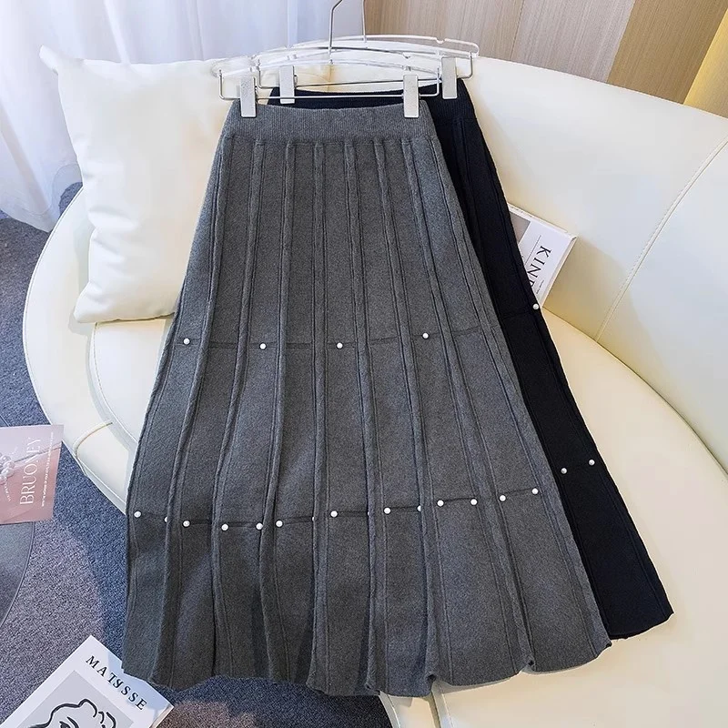 High End Large Size Knitted Skirt For Women In Autumn And Winter 2025 Fashion Loose Slimming A-Line Skirt Nail Bead w1187