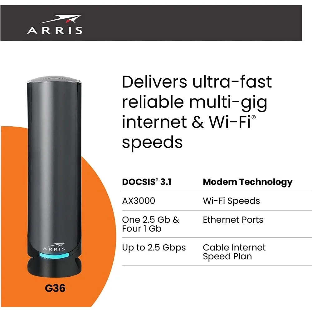 Multi-Gigabit Cable Modem & AX3000 Wi-Fi Router, Comcast Xfinity, Cox, Spectrum, Four Gbps Ports, 1.2 Gbps Max Internet Speeds