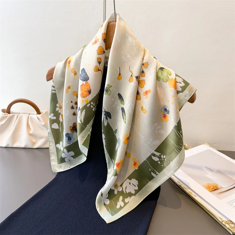 

Женский роскошный квадратный платок-некерчиф из атласа с эффектом шелка, модный шарф-хиджаб, повязка для волос, лента, повязка на голову, бандана