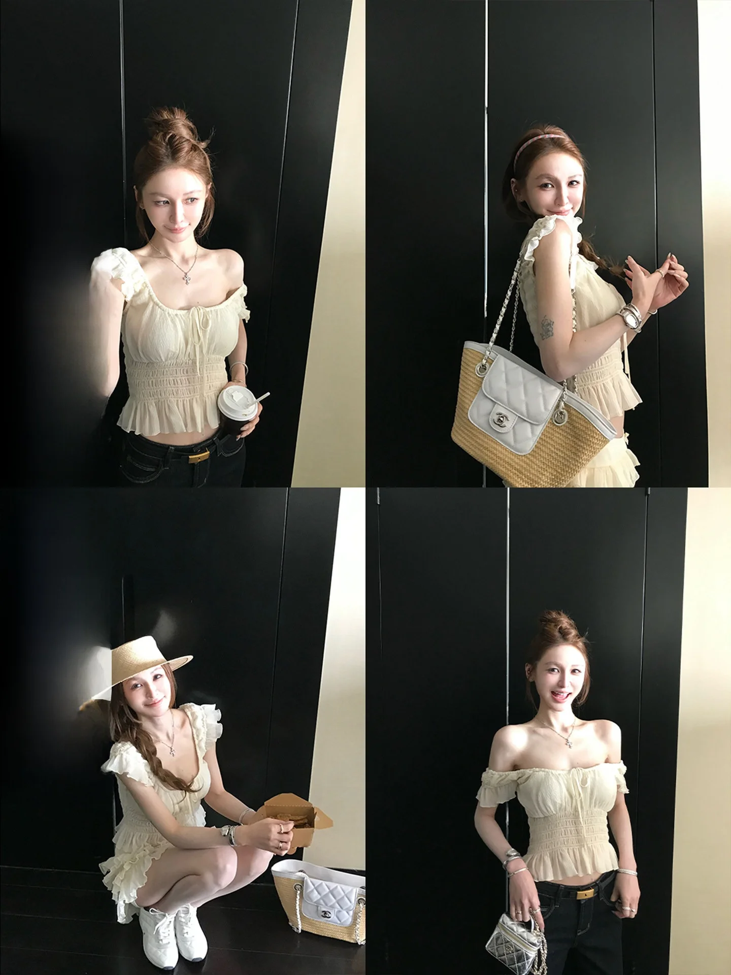 

Skk Store French Style Simulated Silk Short Skirt with Cake Pattern And Flying Sleeves Textured Bud Design Women's Fashion Top