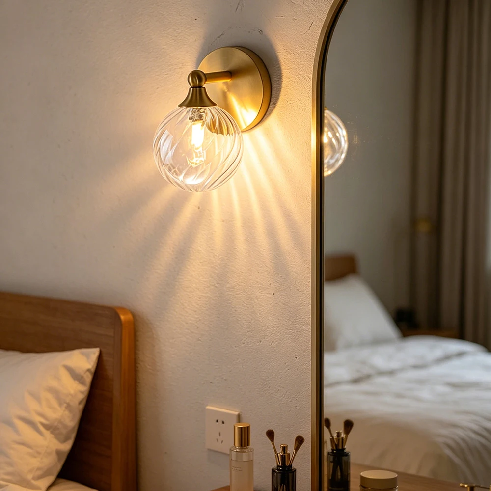Brass Bathroom Vanity Light with Twisted Glass Shades Wall Mount Mirror Front Lamp